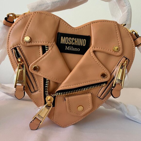 SS22 MOSCHINO Couture Jeremy Scott Peach Heart Shaped Leather Biker Jacket Bag - Picture 5 of 14